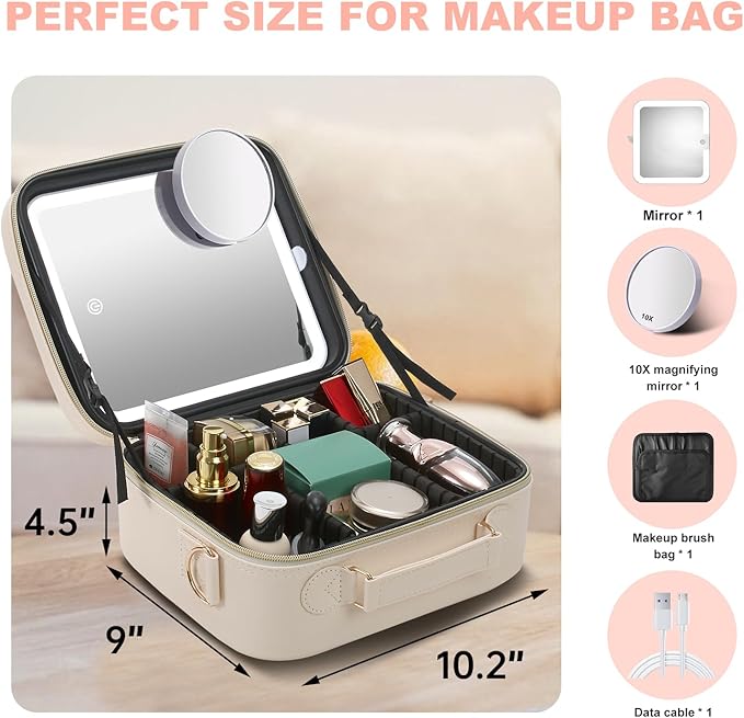 Mocado Travel Makeup Bag with LED Lighted Mirror,Travel Makeup Organizer,Makeup Case with 3 Color Lighted Setting and 10x Magnifying Mirror,Portable Storage and Adjustable Dividers Makeup Box(Beige)
