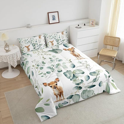 Erosebridal Cartoon Deer Queen Comforter Set Toddler Woodland Wildlife Bedding Set Queen, Plant Bedding Comforter Sets Eucalyptus Leaf Duvet Set, Jungle Animal Theme Quilted Comforter Kids Room Decor