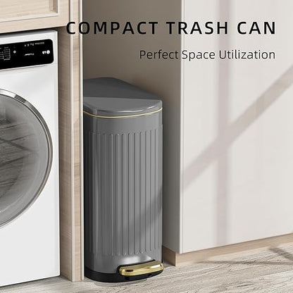 KUK Slim Bathroom Trash Can with Lid, 2.6 Gallon (10 L) Stainless Steel Step Small Garbage Can with Removable Inner Bucket, Soft Close, Anti-Fingerprint Finish (Gray)