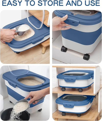 20-30 Lbs Rice Storage Container,Collapsible Food Storage Containers with Rolling Wheel Airtight Locking Lid,Flour Storage Container with Cup and Scoop,Suitable for Food,Rice,Pet Food,Flour