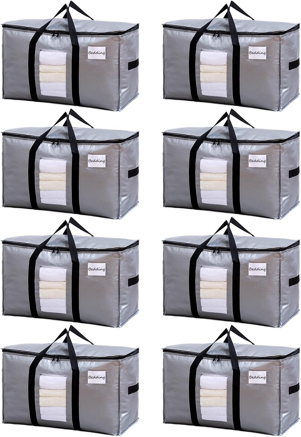 TAILI Extra Large Moving Bags, 8 Pack Silver Heavy Duty Totes For Storage with Visible Window, Wrap Around Handles, Storage Bags for Space Saving, Alternative to Moving Boxes