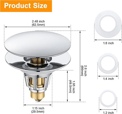 Universal Bathroom Sink Stopper, 1.1~1.5" Sink Drain Stopper, Full Size Bounce Bullet Type Pop Up Basin Drain Strainer, Chrome Anti-Clogging Sink Drain Filter with Hair Catcher (Silver)