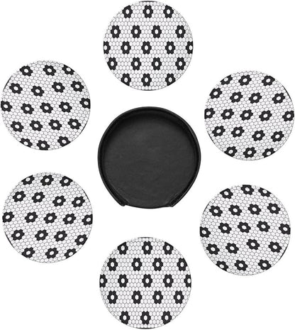 6 Pcs Black White Flower Hex Tile Print Floor Leather Coasters