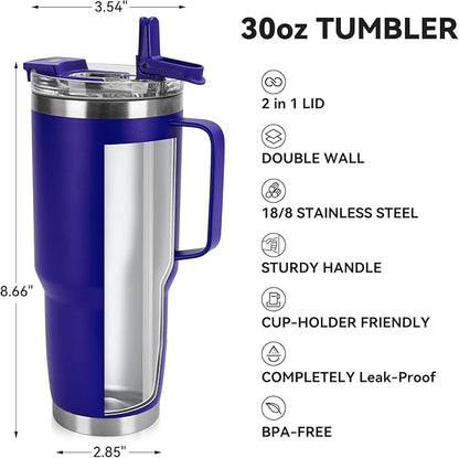 HASLE OUTFITTERS 30oz Tumbler Bulk with Handle, Insulated Travel Coffee Mug Set with Handle Leak-Proof Double Wall Stainless Steel Vacuum Tumblers Pack Metal Cup for Hot and Cold Drink