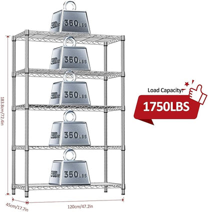 IZEUK 5-Tier Heavy Duty Metal Storage Shelving Unit (Chrome, 17.7" D x 47.2" W x 72.3" H, 1750 lbs Capacity), Adjustable Steel Wire Rack Shelf Organizer for Garage, Kitchen, Pantry, Basement, Laundry