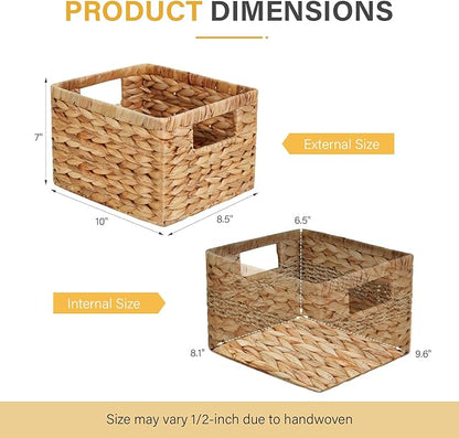 Water Hyacinth Wicker Basket, Decorative Woven Baskets with Built-in Handles, Hand-woven Storage Organizer for Organizing Pantry, Livingroom, Bedroom, Shelves, Toilet(2-PACK, Natural)