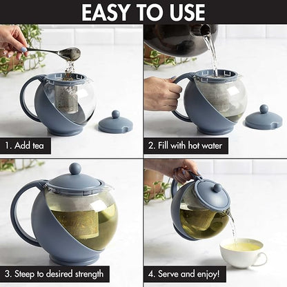 Primula Half Moon Teapot with Removable Infuser, Glass Tea Maker with Reusable Fine Mesh Stainless Steel Filter, Dishwasher Safe, 40-Ounce, Blue