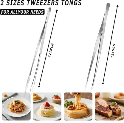 Kitchen Tweezers Tongs, Cooking Tweezers Stainless Steel - 12-inch Ideal for Grilling Meat, BBQ, Pasta, Plating, and Pinching Delicate Small Pieces of Food, Set of 2
