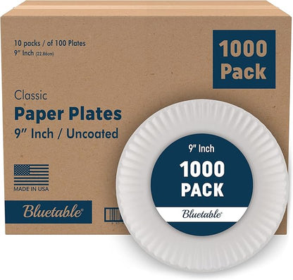 Bluetable 9 Inch Paper Plates Bulk – 1000 Count - Uncoated White 9” Dinner Plate Pizza Plate Decorative Craft Paper Plates Disposable Plates [1000 Pack/Case]