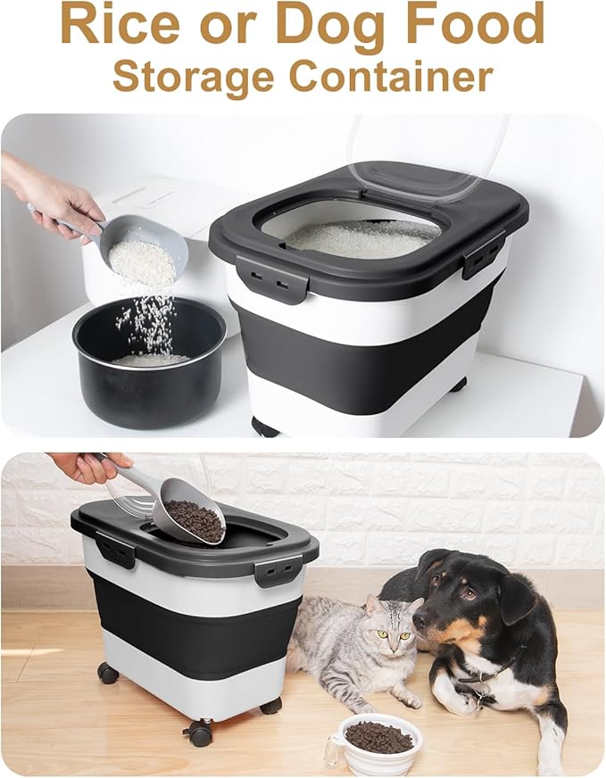 20-30 Lbs Rice Storage Container,Collapsible Food Storage Containers with Rolling Wheel Airtight Locking Lid,Flour Storage Container with Cup and Scoop,Suitable for Food,Rice,Pet Food,Flour