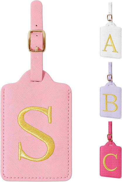 Personalized Initial Luggage Tags for Suitcase, Pink Leather Cute Luggage Tags with Privacy Cover Name Card, Embroidered Custom Monogrammed Luggage Tag Travel Bag Baggage Tags Gifts for Women Kids(S)