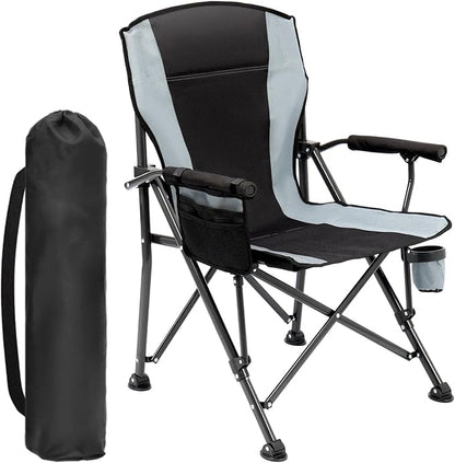 Oversized Folding Camping Chair for Adults, Supports 450 LBS Camping Chairs, Heavy Duty Camping Chair with Side Pockets, Foldable Outdoor Chair for Camping, Beach, Fishing, Hiking, Black-Gray