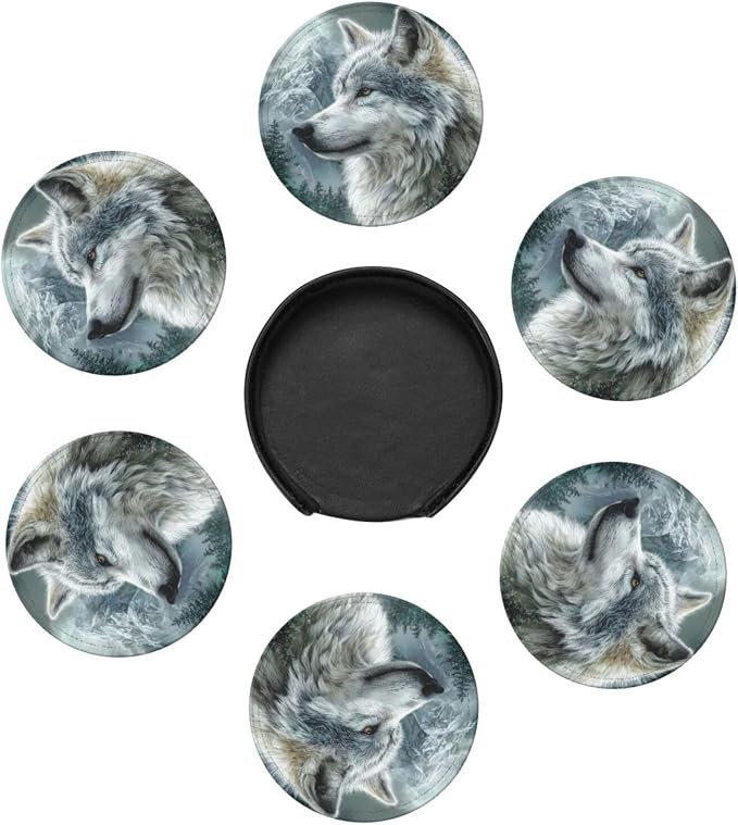 6 Pack Wolf Moutain Leather Coasters