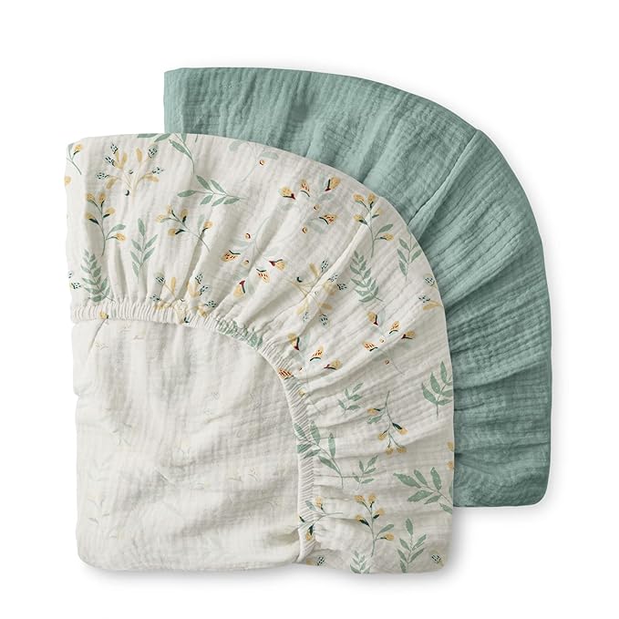 Blissful Diary Muslin Mini Crib Sheets, Pack and Play Mattress Sheets Fitted for Pack N Play, Soft Cotton for Boys Girls, 2 Pack(Roman Green&Leaf)
