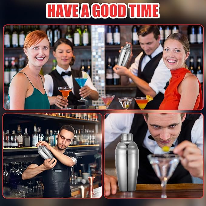 Nitial 6 Pcs Bar Cocktail Shaker Professional Stainless Steel Martini Drink Mixer with Built-in Strainer for Bartending No Leaks Boston Shaker for Bar Party Drink Mixing Tool(18.6 oz,Silver)