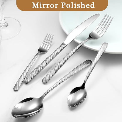 Luxury Hammered Silverware Set, 30 Pieces Flatware Set Service for 6, 18/10 Premium Stainless Steel, Mirror Polished Cutlery Utensil Set Include Fork Knife Spoon Set Dishwasher Safe