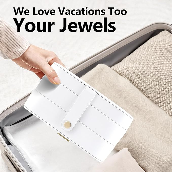 Travel Jewelry Case with LED Lighted Mirror, Portable Travel Jewelry Organizer, 2-Layer Jewelry Box for Earrings Necklace Bracelet Rings, Birthday Gifts for Women Girls Kids (White)