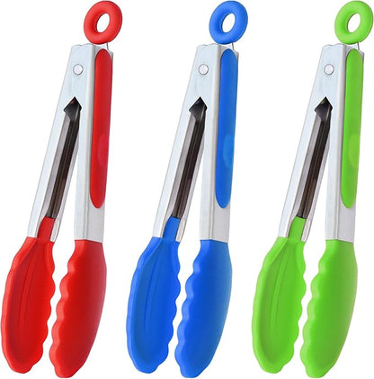 Mini Tongs with Silicone Tips 7-Inch Serving Tongs, Set of 3 (Red Blue Green)