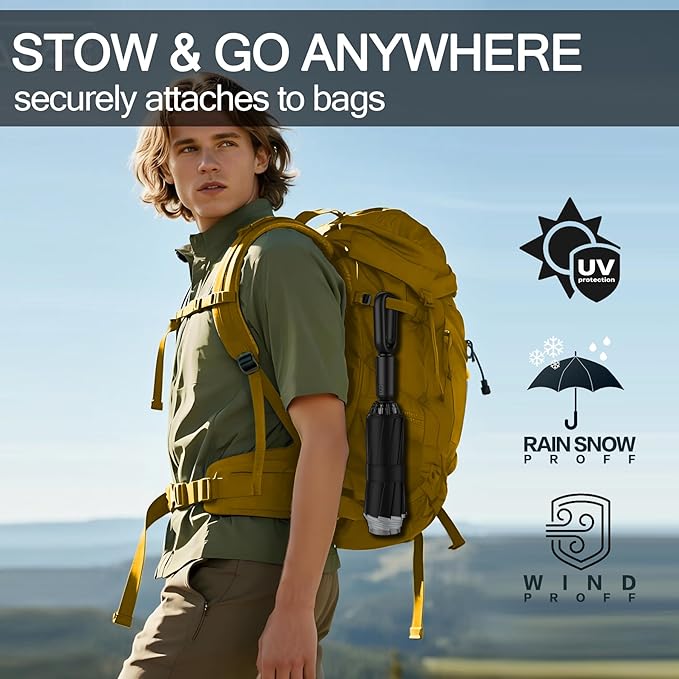 Auto Open Close Umbrella - Ultra Light Compact Travel & Backpack Size for Women and Men, UPF 50+ Eco-Friendly Sun Protection & Windproof Rain Umbrella with UV Defense