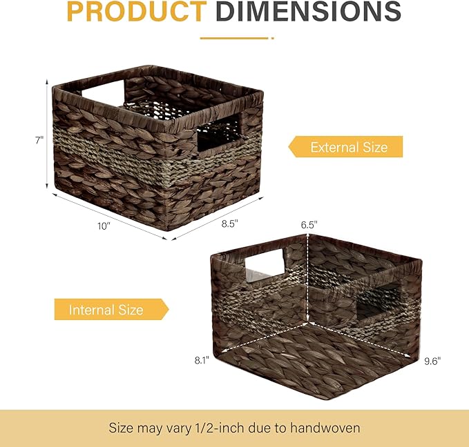 Water Hyacinth Wicker Basket, Decorative Woven Baskets with Built-in Handles, Hand-woven Storage Organizer for Organizing Pantry, Livingroom, Bedroom, Shelves, Toilet(2-PACK, Brown)