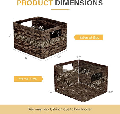 Water Hyacinth Wicker Basket, Decorative Woven Baskets with Built-in Handles, Hand-woven Storage Organizer for Organizing Pantry, Livingroom, Bedroom, Shelves, Toilet(2-PACK, Brown)