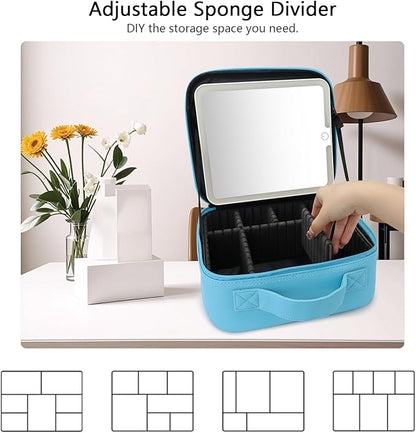 Travel Makeup Bag with LED Mirror Travel Makeup Organizer with 3 Lighted Settings, Adjustable Dividers and Makeup Brush Storage Bag Blue