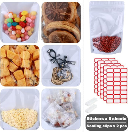 150-pack 7" x 10" Stand Up Mylar Bags with Clear Window 1 Quart Large Resealable Foil Pouches for Food Storage Smell Proof Edible Packaging Bag for Cookies and Small Business, Bulk