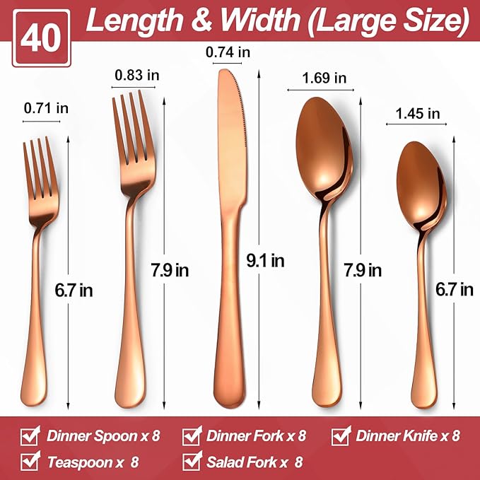 40 Pcs Rose Gold Silverware Set for 8, Food Grade Stainless Steel Flatware Set, Eating Utensils Sets Include Fork/Knife/Spoon,Home Kitchen Tableware Set, Reusable Cutlery Set, Dishwasher Safe