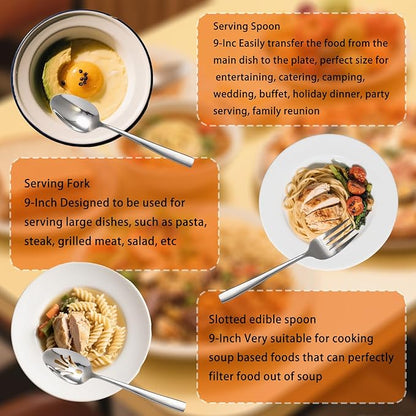 6 Piece Serving Utensils Set, Includes Serving Spoons x 2, Slotted Spoons x 2, Serving Forks x 2, Large Cutlery for Catering Buffet, Mirror Polished, Dishwasher Safe, 9 Inches