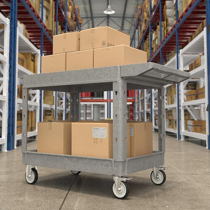 Large Garage Flat Top Utility Cart, Heavy Duty 2 Shelf Tool Cart Service Cart Rolling Push Carts with Ergonomic Handle 5" Swivel Casters.