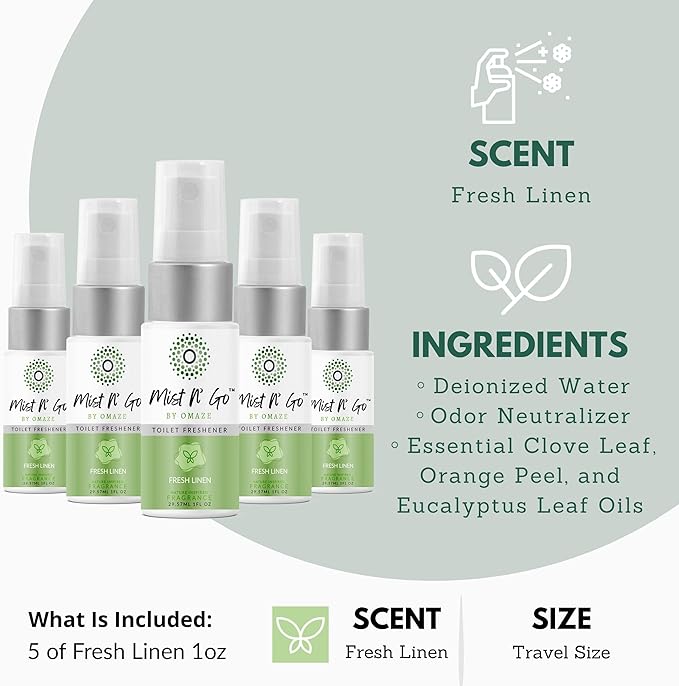 Mist N' Go by Omaze Travel Bathroom Spray - Toilet Odor Eliminator & Air Freshener - Fresh Linen (1oz x5)