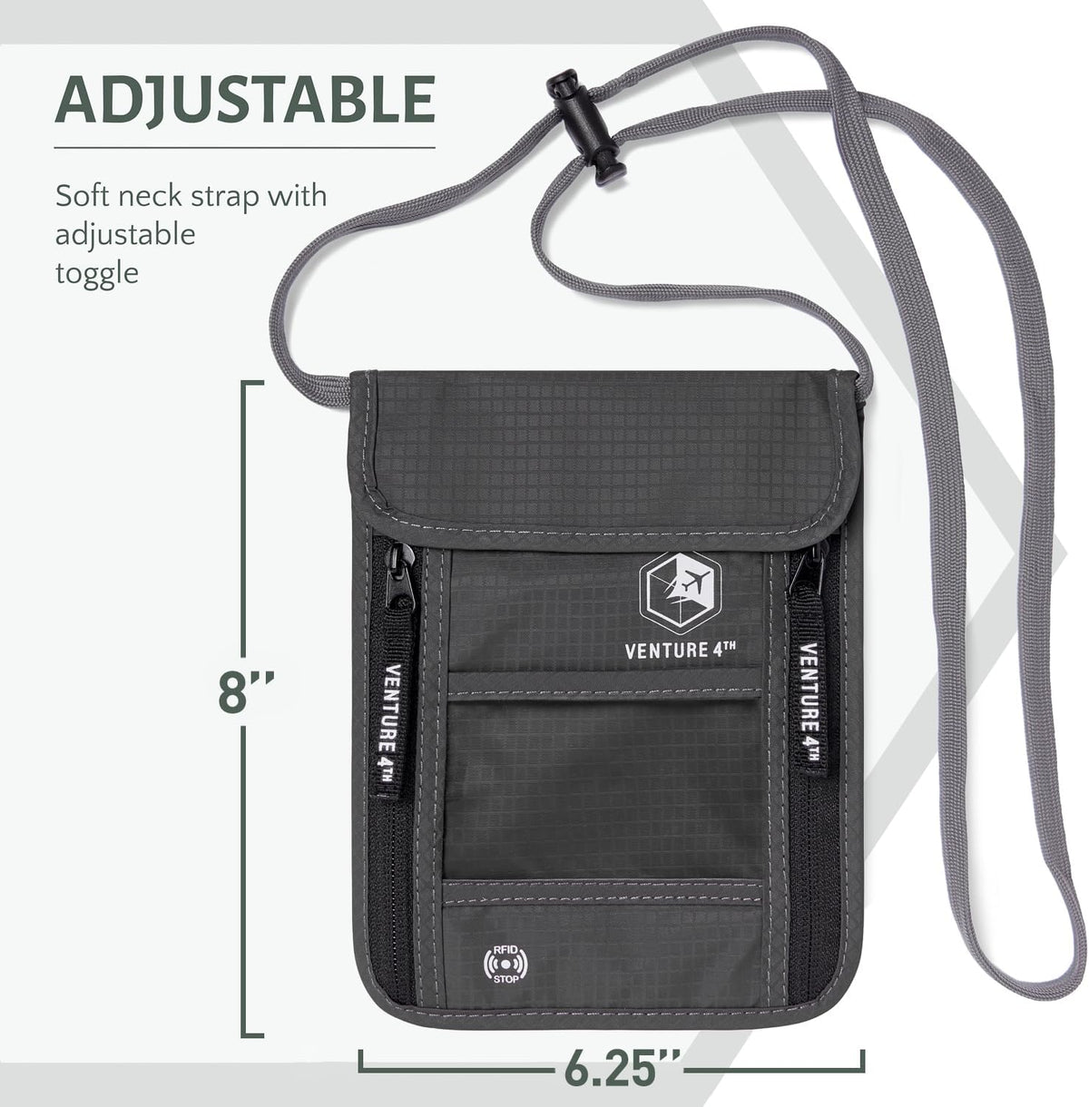 VENTURE 4TH Passport Holder Neck Wallet with RFID Blocking Nylon Lining - Hidden Neck Pouch for Travel (Gray)