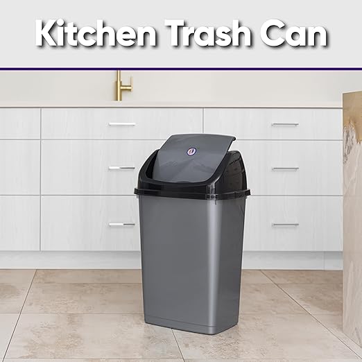 Superio Kitchen Trash Can 13 Gallon with Swing Lid, Plastic Tall Garbage Can Outdoor and Indoor, Large 62 Qt Recycle Bin and Waste Basket for Home, Office, Garage, Patio, Restaraunt (Grey/Black)