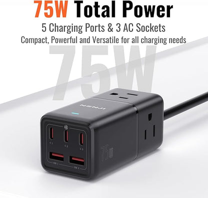 NENJI 75W GaN USB-C Super Fast Charging Station, 8-in-1 Power Strip with 5 USB & 3 AC Ports, Smart Charging, Fast PD Charger for iPhone, Samsung, iPad, MacBook – Desktop & Travel-Friendly – Black