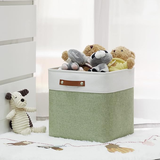 HNZIGE Foldable Storage Cubes & Baskets (3 Pack) - 13 Inch Storage Bin with Leather Handles for Toys, Clothes, Kids (White & Green)