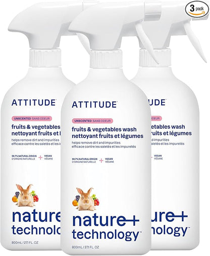 ATTITUDE Fruit & Vegetable Wash, Food-Safe Produce Wash, Removes Dirt & Residue, Vegan & Plant-Based Ingredients, Unscented, 27.1 Fl Oz (Pack of 3)