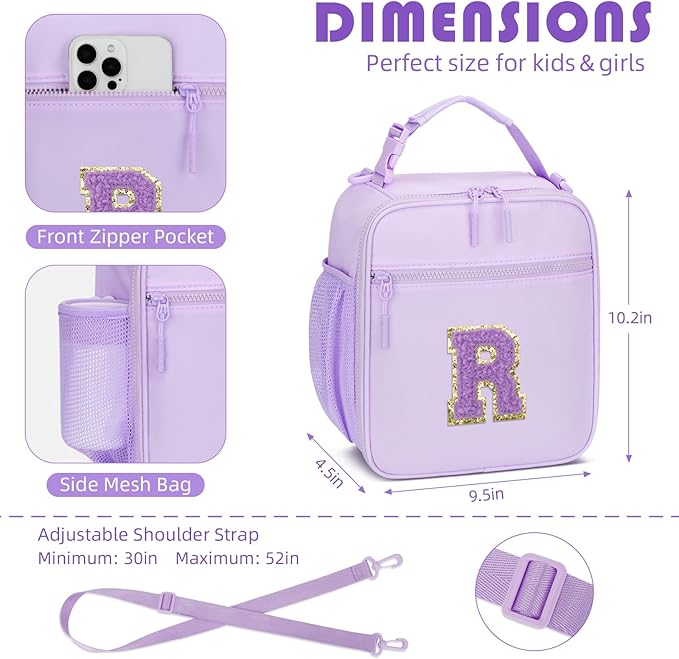Initial Insulated Lunch Bag for Girls Kids, Back to School Gift, Reusable Leak-proof Lunch Box with Adjustable Strap for School Daycare Travel Picnic (Purple,R)