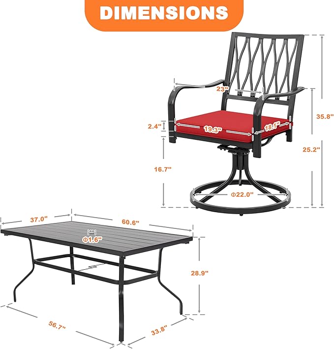 NUU GARDEN 7 Piece Outdoor Dining Set Rectangle Iron Patio Table