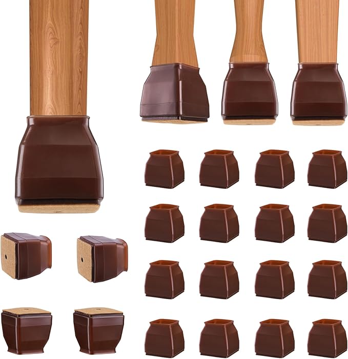BALEINE 16 Pack Silicone Chair Leg Floor Protectors, Stool Leg Protectors Cap, Non-Slip Chair Leg Caps for Hardwood Floors (Brown & Small (Square), 16 Pack)