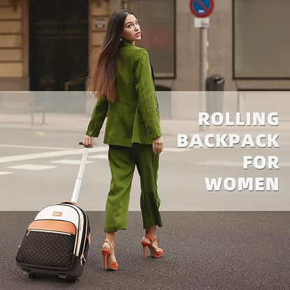 Small Rolling Backpack for Women, Lightweight Travel Backpack with Wheels, Roller Backpacks for Adults, Water Resistant Rolling Laptop Bag, Wheeled Underseat Carry On Luggage, Beige Brown