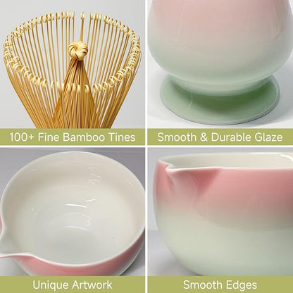 Matcha Whisk Set with Ceramic Bowl - Bamboo Whisk (Chasen), Scoop, Sifter & Holder - Complete Kit for Traditional Matcha Tea - Unique Gifts for Tea Lovers (Sakura Moss Fade)