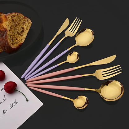JASHII Flatware Set 24 Piece, Stainless Steel Silverware Set, Macaron Small Fresh Color Cutlery Set, Modern Elegant Tableware Set for Party, Christmas, Dinner (Purple Gold), Service for 6