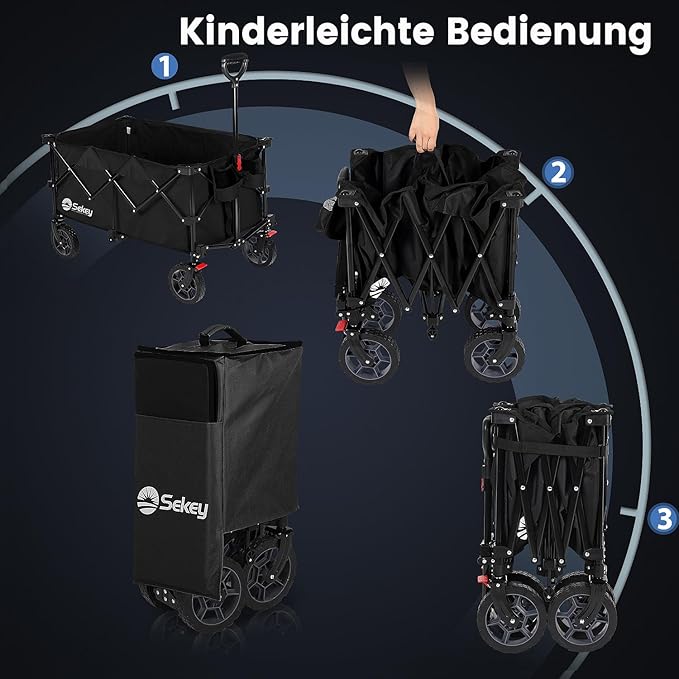 Sekey 220L Collapsible Foldable Wagon with 330lbs Weight Capacity, Heavy Duty Folding Wagon Cart with Big All-Terrain Wheels & Drink Holders (Black)