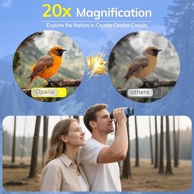 Compact Binoculars for Adults High Powered - OPAITA 20x32 Small Binoculars for Adults Kids with Low Light Vision for Hunting Cruise Ship Travel Concert Hiking Blue