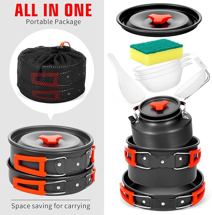 8pcs Camping Cookware Camping Pots and Pans Set with Kettle Plastic Bowls and Soup Spoon for Camping, Backpacking, Outdoor Cooking and Picnic