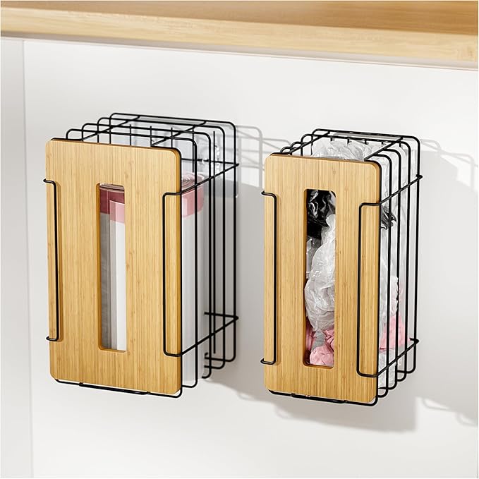 2 Pack Grocery Bag Holder for Plastic Bags - Wall Mount Kitchen Plastic Bag Holders for Grocery Bags - Bag Holder for Kitchen,Under Sink,Pantry and Garage,Black