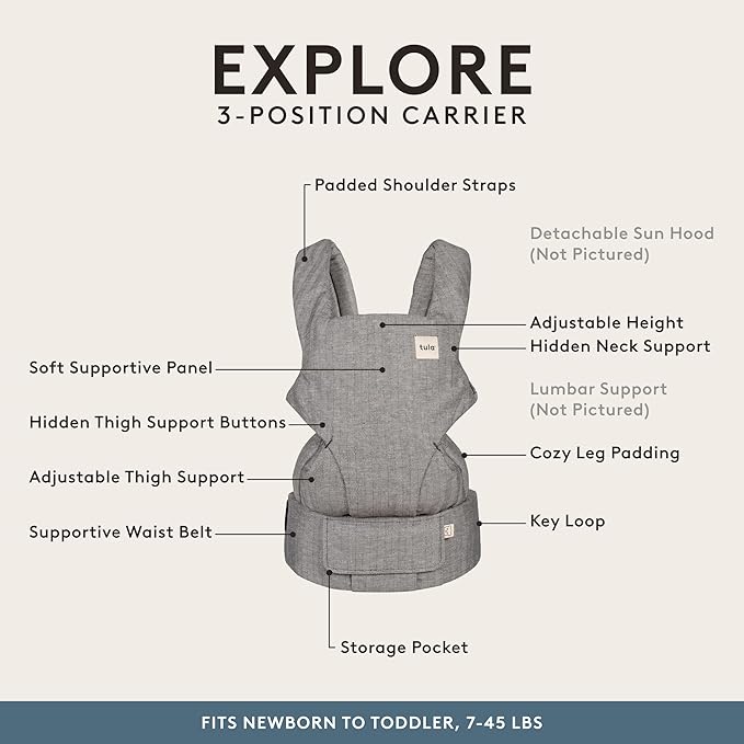 Baby Tula Explore Carriers - Breathable Baby Carrier Newborn to Toddler - Adjustable Toddler Carrier - Multiple Ergonomic Positions Front and Back - Ergonomic Fit for 7-45 lb - Linen, Ash