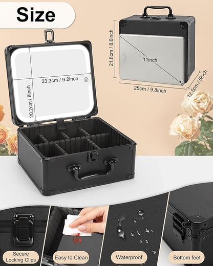 Makeup Box with LED Mirror, Makeup Bag with Light up Mirror& Adjustable Dividers Travel Make up Train Case Portable Cosmetic Organizer Case Waterproof Organizer Bag Gifts for Women and Girls