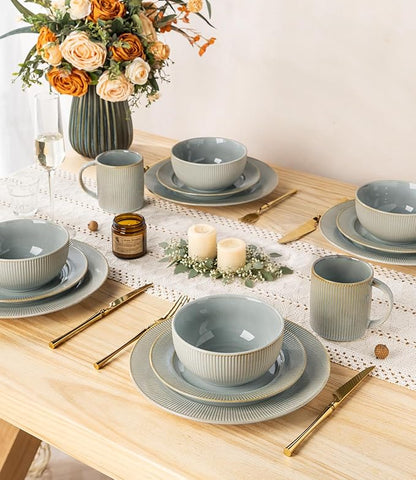 Ceramic Dinnerware Set for 4, 12-Piece Plates and Bowls Set | Lightweight