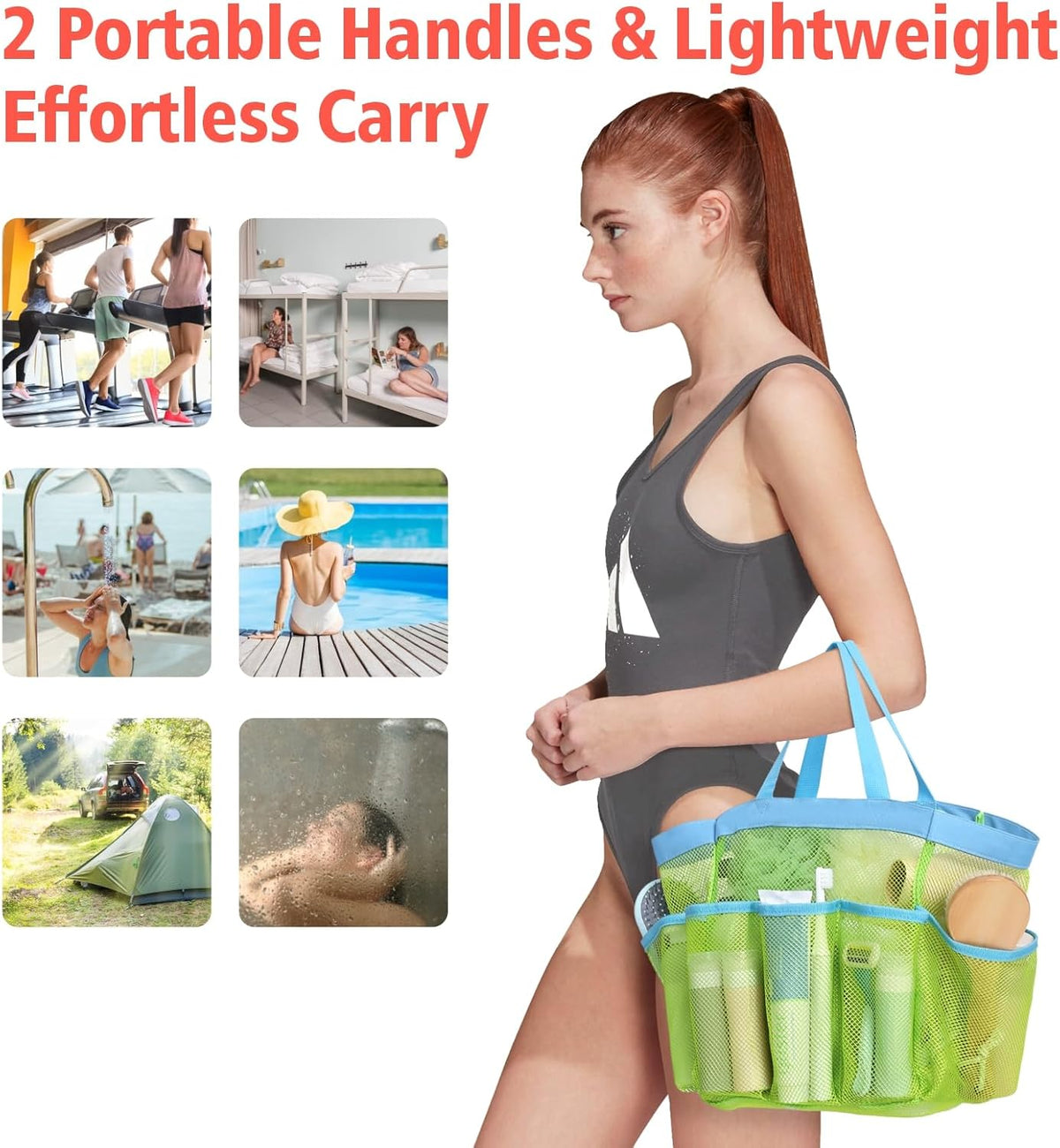 F-color Mesh Shower Caddy Portable, Upgrade Deeper 7 Pockets Shower Bag Basket Bag Tote for College Dorm Room Toiletry Bathroom Essentials Gym Camp Quick Dry 2 handles with S Hook